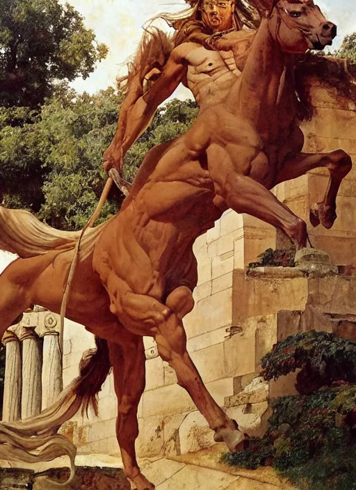 Image similar to full body portrait of a centaur beside greek temple, by boris vallejo and lawrence alma-tadema and simon bisley and greg manchess and zdzislaw beksinski and norman rockwell