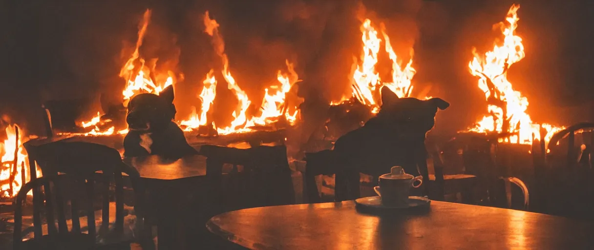 Prompt: a photograph of a big fire on a dining room on fire, an human-like relaxed dog sitting on a wooden chair at a table (no fire at all there), ☕ on the table, surrounded by flames, a lot of flames behind the dog, black smoke instead of the ceiling, no watermark