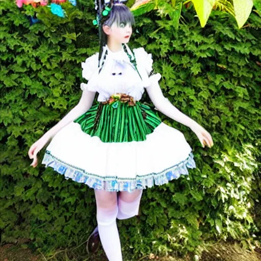 Prompt: A solarpunk-themed lolita outfit ; the fabric has pictures of windmills, solar panels and tall eco-friendly green buildings covered in leaves. A beautiful lolita dress, themed for a lush green eco-friendly utopian future city. Angelic Pretty