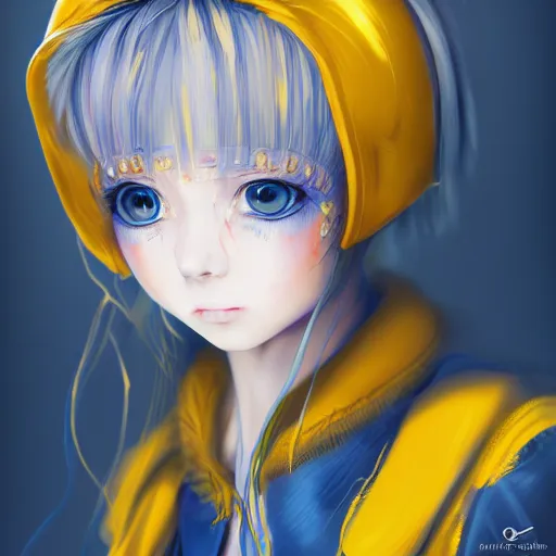 Image similar to a portrait of anime ukrainian blue and yellow girl, scared, concept art, trending on artstation, highly detailed, intricate, sharp focus, digital art, 8 k