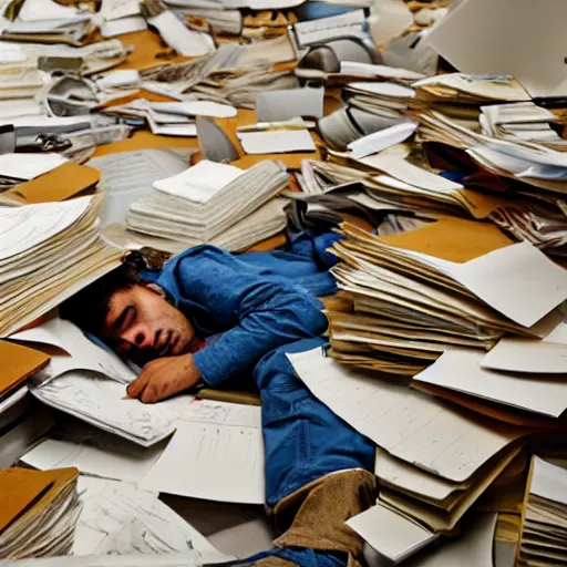 Image similar to a worker asleep between piles of papers