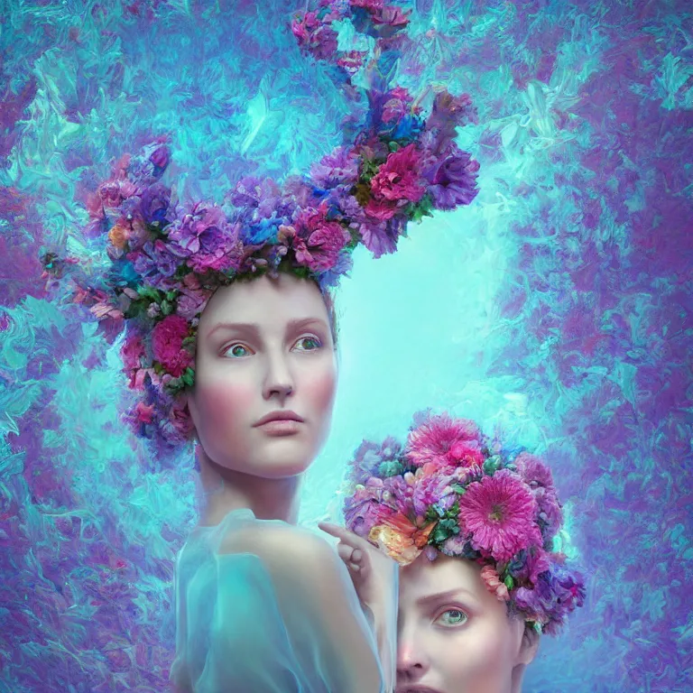 Image similar to a beautiful oil painting hyperrealism of a beautiful woman, flowers, floral headdress, 8 k resolution, octane render, trending on artstation, by gediminas pranckevicius, volumetric light 2 blue fractal thunder glow by dan mumford, anaglyph effect, laurie lipton