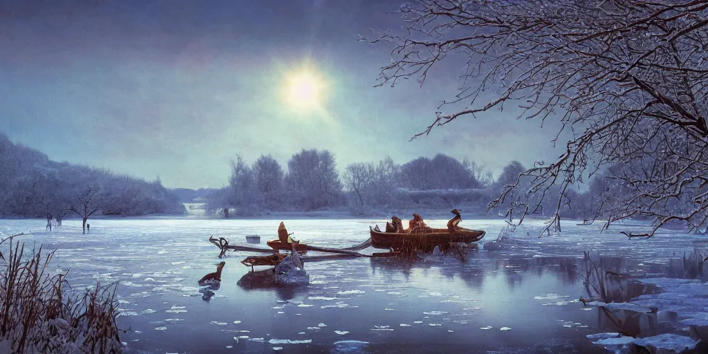 Prompt: a beautiful frozen lake landscape in winter with snow, romantic ambiente, reed on riverbank, no mountains, clear sky, sunshine, colorful, by Mohrbacher and Moebius and Alphonse Mucha and Roger Deakins, cinematic lighting, masterpiece, highly detailed, 8k resolution, trending on art station