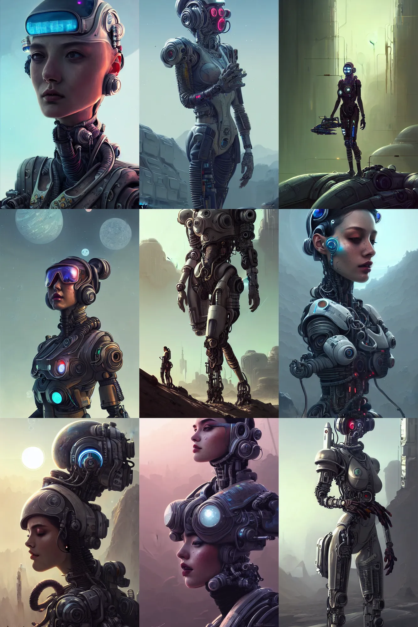 Image similar to ultra realistic style illustration, beautiful alluring nasa cyborg in an apocalyptic wasteland, gorgeous face, cyberpunk, sci - fi, fantasy, intricate, elegant, highly detailed, digital painting, artstation, concept art, smooth, sharp focus, illustration, art by mansik yang and rashed alakroka and simon stalenhag and wlop