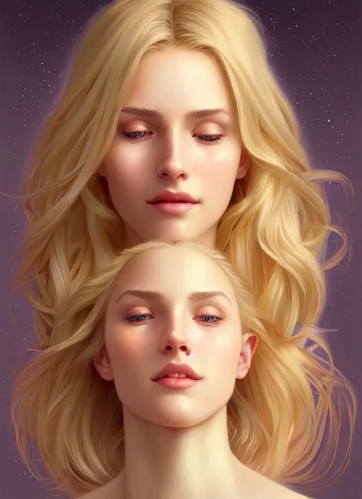 Image similar to beautiful feminine face! portrait of young woman blessed by god with ever - increasing physical and mental perfection, blonde hair, symmetrical! intricate, elegant, highly detailed, vision of holy perfection!! smile, digital painting, artstation, concept art, smooth, sharp focus, illustration, art by artgerm and greg rutkowski and alphonse mucha