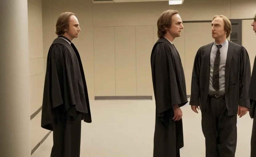 Image similar to anakin skywalker played by hayden christensen wearing jedi robes is talking to a lawyer saul goodman played by bob odenkirk wearing a suit in court, better call saul court scene 1 0 8 0 p, jimmy mcgill in court, court session images, realistic faces