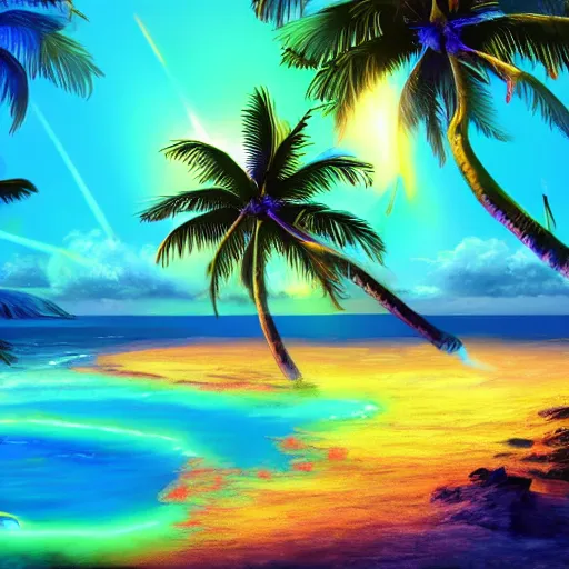 Image similar to bioluminescent colorful magical island world with palm trees and beach detailed airbrush painting 4 k