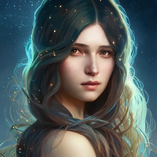 Image similar to girl with super long hair, hair becoming night stars, intricate, highly detailed, digital painting, artstation, concept art, smooth, sharp focus, illustration, unreal engine 5, 8 k, art by artgerm and greg rutkowski and alphonse mucha