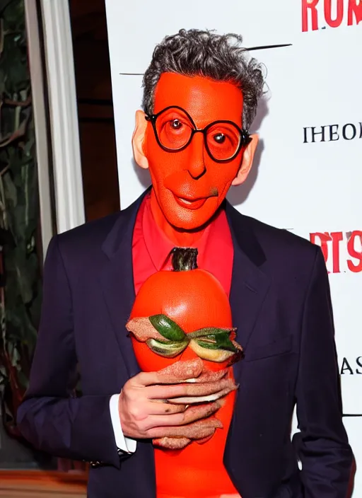 Image similar to jeff goldblum dressed up in a tomato costume