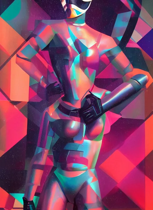 Prompt: futuristic lasers, data visualization, cyberpunk bodysuit, mask, laserpunk, visor, rain, wet, oiled, sweat, girl pinup, by steven meisel, james jean and rolf armstrong, geometric cubist perfect geometry abstract acrylic and hyperrealism photorealistic airbrush collage painting with retro and neon colors