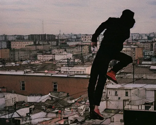 Image similar to lomo photo out of focus of roofjumpers climbing on roof of soviet hrushevka, small town, cinestill, bokeh, out of focus