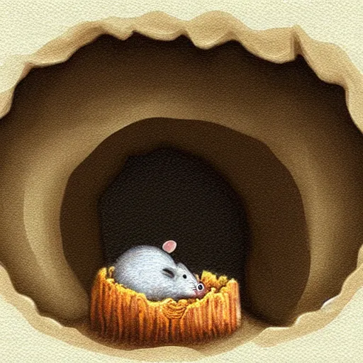 Image similar to little fat mouse living in a hole watching tv, digital art