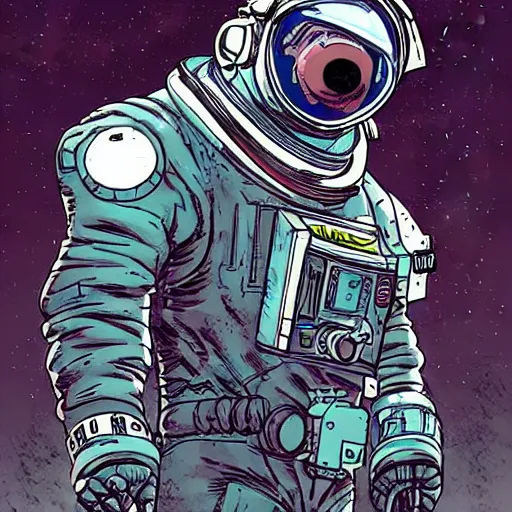 Image similar to a four-armed cyberpunk Astronaut, in the style of Ashley Wood and Moebius
