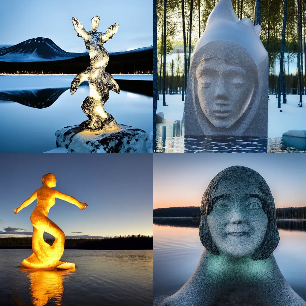 Prompt: a luminous monument to the spirit of the lake made of water looks at the camera and smiles sweetly, Northern Finland,