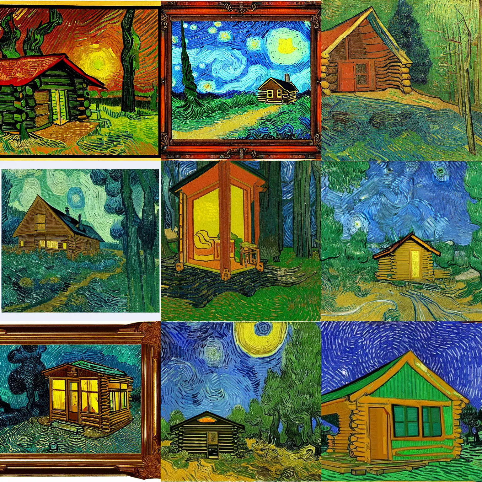 Prompt: [ a log cabin in the forest ] [ van gogh ] [ sci - fi ]