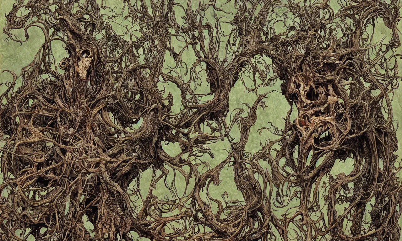 Image similar to hyperdetailed art nouveau portrait of treebeard as a cthulhu eyeball skull wendigo dragon werewolf, by geof darrow, simon bisley and bill sienkiewicz, grim yet sparkling atmosphere, photorealism, claws, skeleton, antlers, fangs, forest, wild, crazy, horror, lynn varley, lovern kindzierski, steve oliff