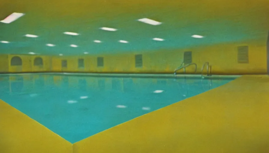 Prompt: 1 9 6 0 s movie still of empty light yellow tiles swimmingpool, low quality, liminal space style