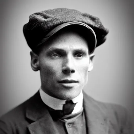 Image similar to A photograph portrait of Jerma985 wearing a newsboy cap in the early 1900s, taken in the early 1900s, grainy, taken on a early 1900s Kodak Camera, realistic, hyperrealistic, very realistic, highly detailed, very detailed, extremely detailed, detailed, digital art, trending on artstation