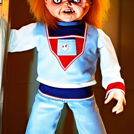 Image similar to chucky the killer doll standing in the bathroom