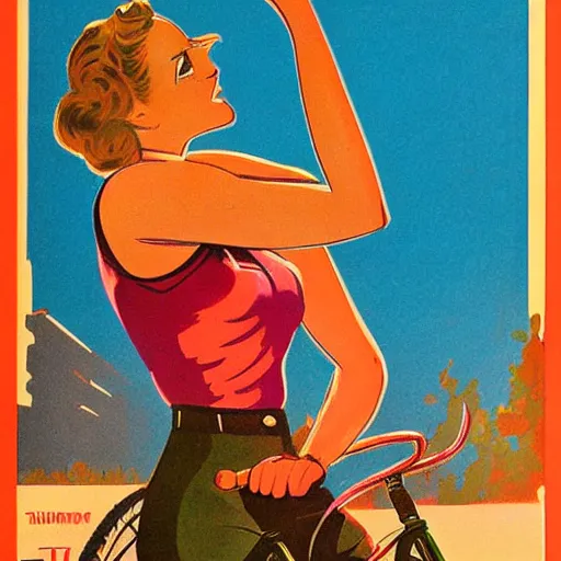 Image similar to portrait of young woman riding a bicycle in summer, soviet propaganda poster, hungarian flag in the background, colored, artgerm, highly detailed