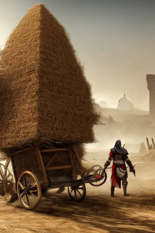 Prompt: ezio audotire plunging into a cart filled with haystack, background has pyramids and dromedaries walking by, digital art, trending on artstation, 4 k