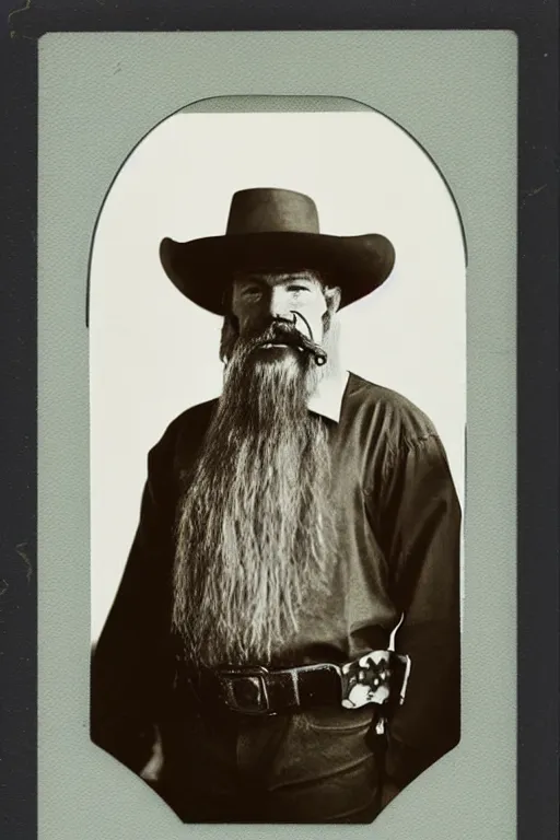 Image similar to polaroid photograph of cowboy sherrif resembling yosemite sam with huge hat, huge mustache, orange colors