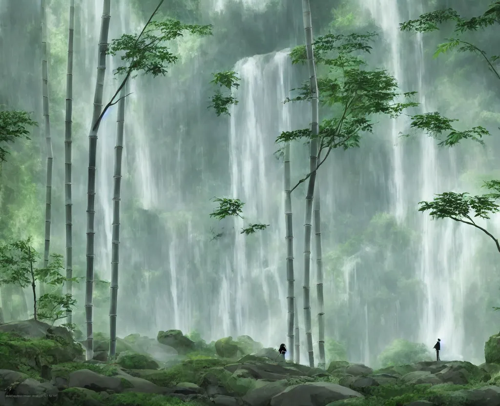 Image similar to a solitary figure in a misty japanese bamboo forest, cell shaded, huge waterfall, large rocky mountain, drawing, stylized anime, sun rays, soft, by hayao miyazaki, ghibli studio, makoto shinkai, toei animation, studio trigger, trending on artstation, 4 k, hd