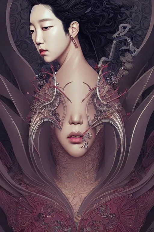 Image similar to Park Shin Hye as a super villain, luxurious, fantasy, intricate, elegant, highly detailed, digital painting, artstation, concept art, matte, sharp focus, illustration, art by WLOP and Hokusai and James Jean, masterpiece, Refined, upscaled