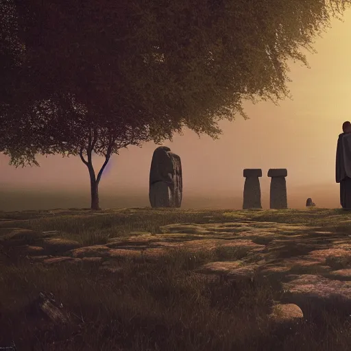 Image similar to highly detailed landscape with two monks praying with stonehenge in the background 1 9 8 0 s science fiction, 1 9 7 0 s science fiction, cyberpunk, moody, misty, depth perception, 4 k, artstation