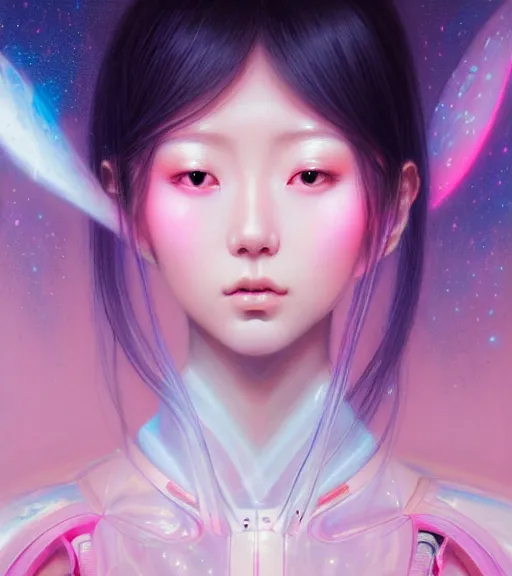 Image similar to Japanese teen beautiful celestial Goddess wearing a futuristic lush spacesuit exposed in cryo chambers by James Jean, intricate, majestic, chic, elegant, highly detailed, centered, digital painting, high-end pink light, artstation, concept art, smooth, sharp focus, illustration, by Peter Mohrbacher, WLOP