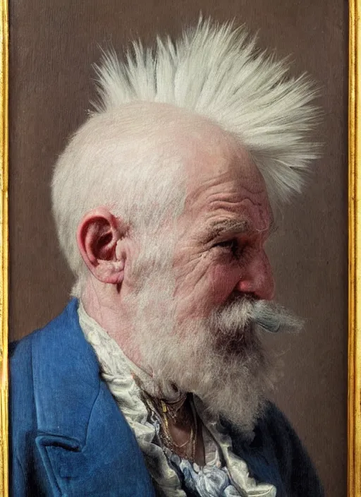 Image similar to a detailed portrait of old man with a extravagant blue mohawk by edouard bisson, punk rock, oil painting, muted colours, soft lighting