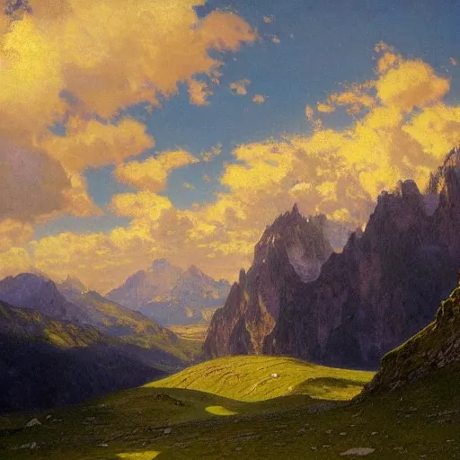 Prompt: wonderful alpine mountain valley, swiss, soft dynamic clouds, astral appearance, cinematic light, sublime, colorful, light shafts, dramatic light, by august malmstrom, russian painters, mucha, disney, global illumination, rule of thirds, perfect central composition