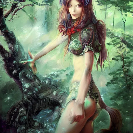 Prompt: fantasy girl mage in a forest, dramatic fantasy art, by yoshitaka amano, trending on artstation, 4 k, expressive oil painting