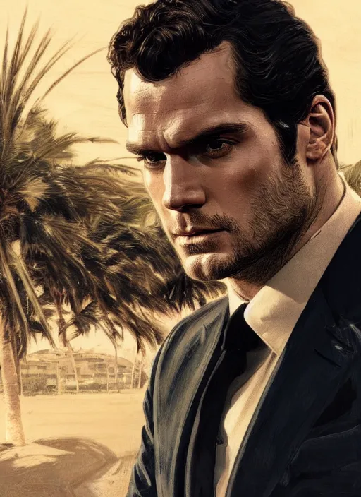 Image similar to portrait of henry cavill as james bond, key art, palm trees, vintage aston martin, highly detailed, digital painting, artstation, concept art, cinematic lighting, sharp focus, illustration, by gaston bussiere alphonse mucha