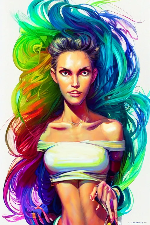 Image similar to a award winning half body portrait of a beautiful woman with stunning eyes in a off shoulder croptop and cargo pants with rainbow colored hair, outlined by whirling illuminated neon lines and fine lines swirling in circles by jesper ejsing and rhads and makoto and shinkai and lois van baarle, digital art, trending on artstation