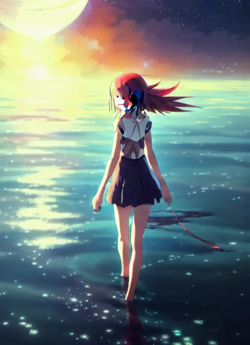 Image similar to anime girl walking on water, ripples, backdrop of dawn, saturn in the background, illustration, concept art, anime, key visual, trending pixiv fanbox by wlop and greg rutkowski and makoto shinkai and studio ghibli