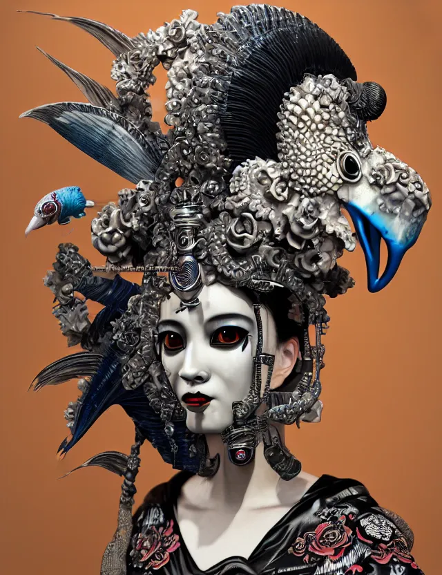 Image similar to 3 d goddess close - up profile punk portrait with vintage gas mask ram skull. beautiful intricately detailed japanese crow kitsune mask and clasical japanese kimono. betta fish, jellyfish phoenix, bio luminescent, plasma, ice, water, wind, creature, artwork by tooth wu and wlop and beeple and greg rutkowski