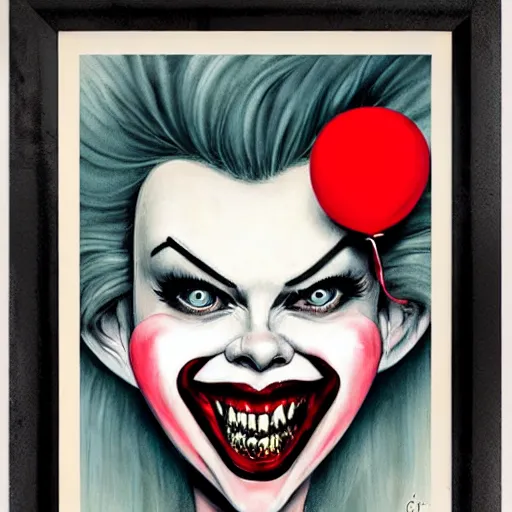 Image similar to grunge cartoon painting of margot robbie with a wide smile and a red balloon by chris leib, loony toons style, pennywise style, corpse bride style, horror theme, detailed, elegant, intricate