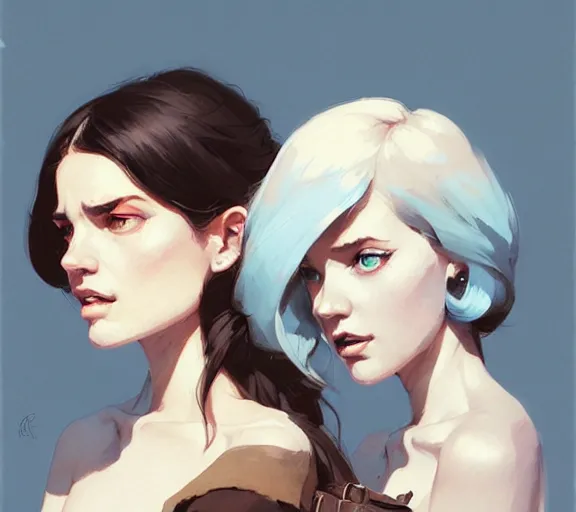 Image similar to portrait elza and anna by atey ghailan, by greg rutkowski, by greg tocchini, by james gilleard, by joe fenton, by kaethe butcher, dynamic lighting, gradient light blue, brown, blonde cream and white color scheme, grunge aesthetic