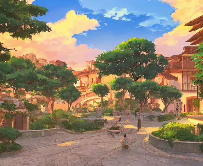 Prompt: A Spanish plaza in a small village at sunset, peaceful and serene, incredible perspective, soft lighting, anime scenery by Makoto Shinkai and studio ghibli, very detailed