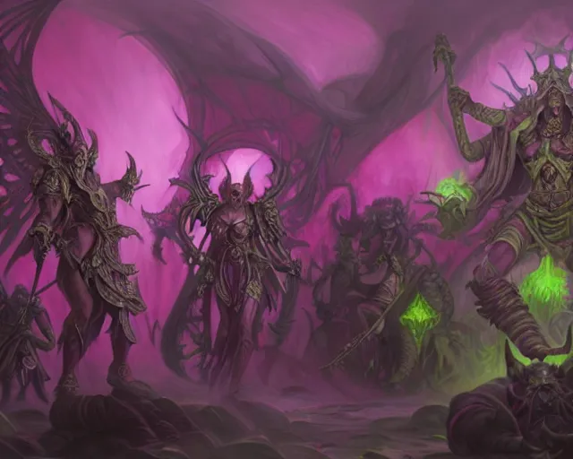 Image similar to wide shot of a chosen of slaanesh, pink and purple colours, bottom up green lighting, mutated, laughing, screaming, deep focus, d & d, fantasy, intricate, grim, highly detailed, digital painting, artstation, concept art, matte, sharp focus, illustration, hearthstone, art by artgerm and greg rutkowski and alphonse mucha