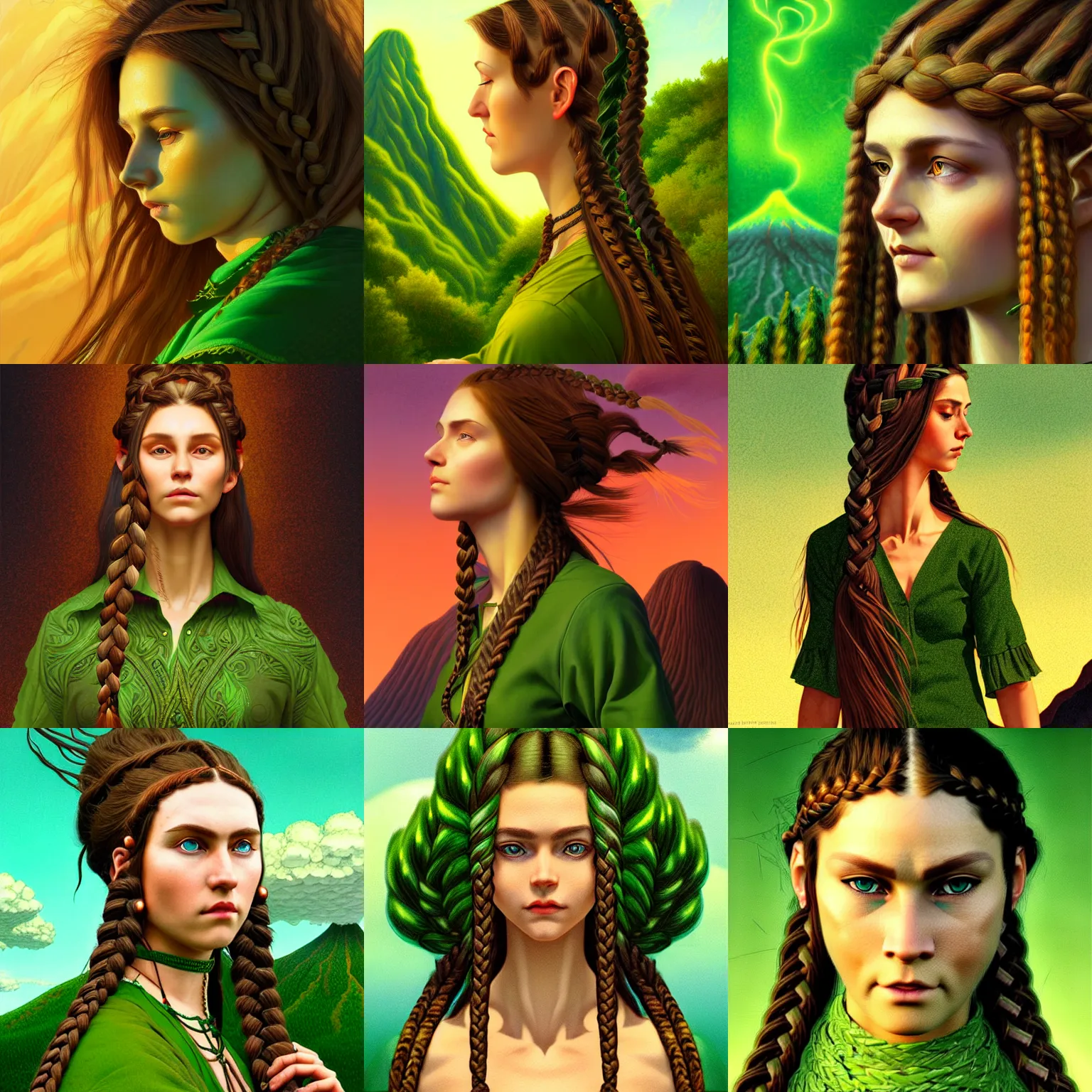 Prompt: druidic woman with braided brown hair, wearing a green blouse, highly detailed, intricate, in the style of ilya kuvshinov and wlop, blazing infero, volcano landscape