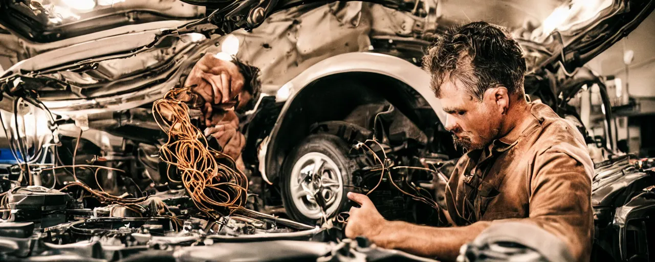 Image similar to a mechanic working on a car, with an engine made of spaghetti, facial expression, canon 5 0 mm, cinematic lighting, photography, retro, film, kodachrome, closeup