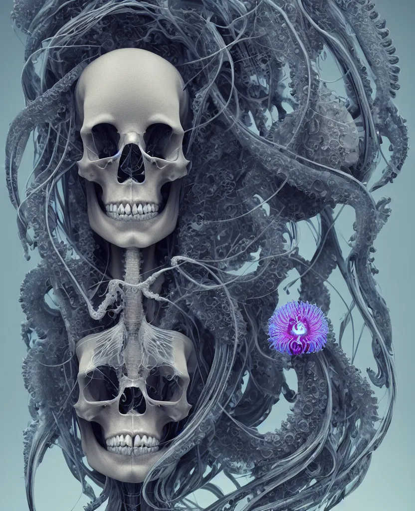 Image similar to symmetry!! goddess close - up portrait human skeleton, ram skull, squid phoenix jellyfish, orchid, betta fish, bioluminiscent, intricate artwork by tooth wu and wlop and beeple. octane render, trending on artstation, greg rutkowski very coherent symmetrical artwork. cinematic, hyper realism, high detail, octane render, 8 k