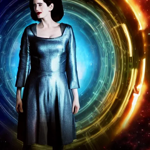 Image similar to a full body photograph of eva green as'doctor who ', time vortex in the background, detailed face, symmetrical face, extreme realism and detail, 8 k, completely framed, direct lighting, 3 5 mm photo, photorealistic, sharp focus