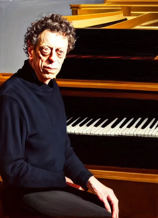 Prompt: a royal portrait of philip glass next to a grand piano, oil on canvas