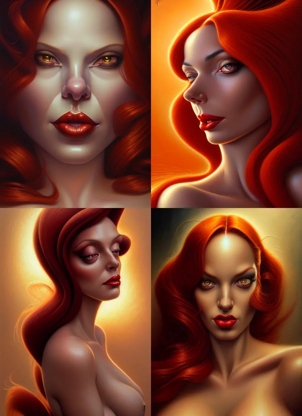 Prompt: closeup portrait shot jessica rabbit, intricate, elegant, highly detailed, centered, digital painting, artstation, concept art, smooth, sharp focus, llustration, tomasz alen kopera, peter mohrbacher, donato giancola, leyendecker, boris vallejo