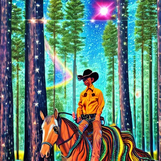 Prompt: psychedelic, trippy, broken cowboy, lush pine forest, horse, milky way, planets, cartoon by rob gonsalves, sharp focus, colorful refracted sparkles and lines, soft light