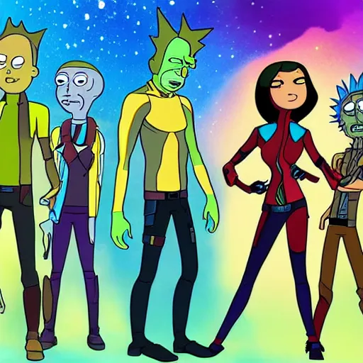 Prompt: guardians of the galaxy posing, in the style of Rick and Morty n -5