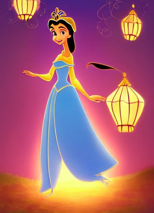 Prompt: kid's film character of a very very beautiful detailed character design of a cartoon princess, disney style movie poster princess jasmine from aladdin at a lantern festival with flaoting lanterns, deviantart, highly detailed background with a lake, the style of disney, artstation deviantart, children's cartoon princess. clean promotional artwork. children's movie. disney official coverart